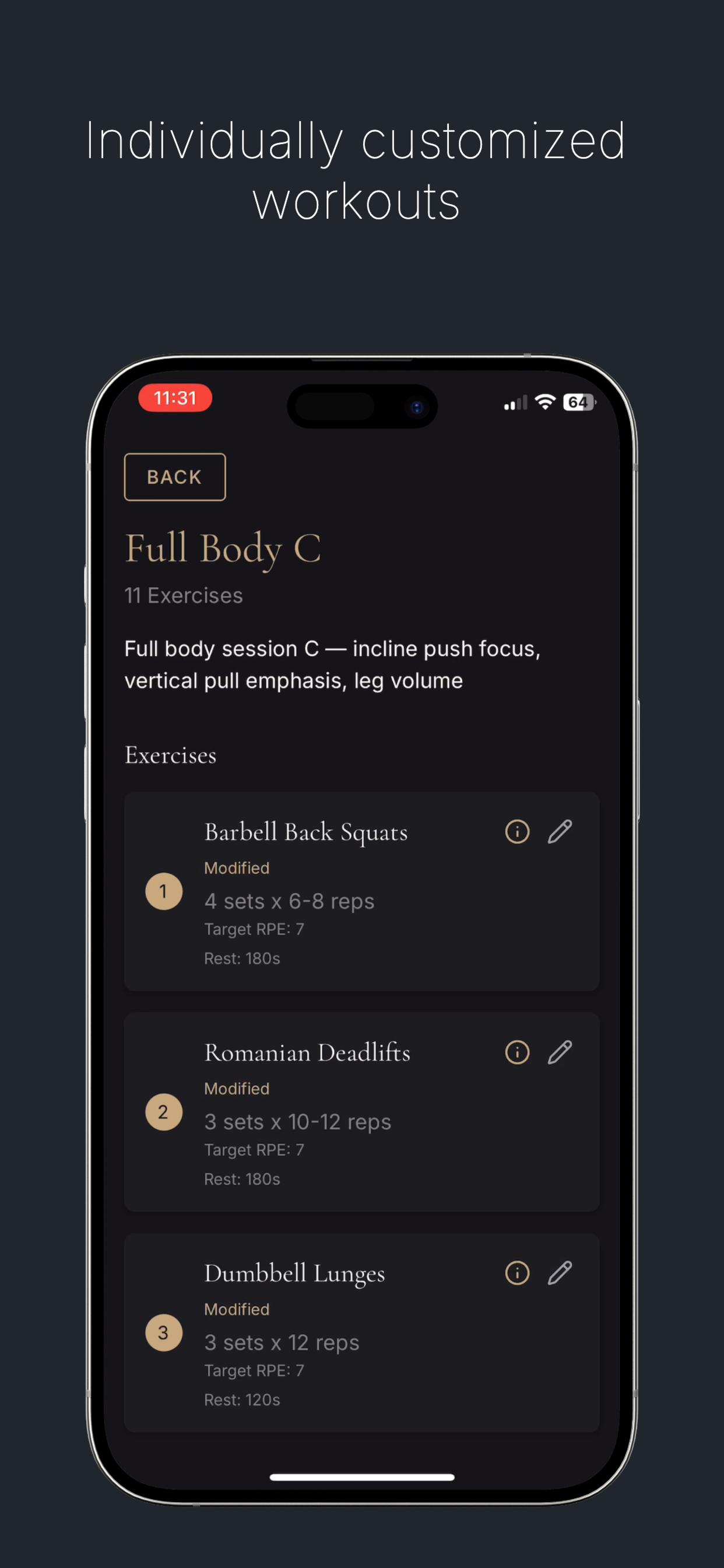 Individually customized workouts showing exercise details