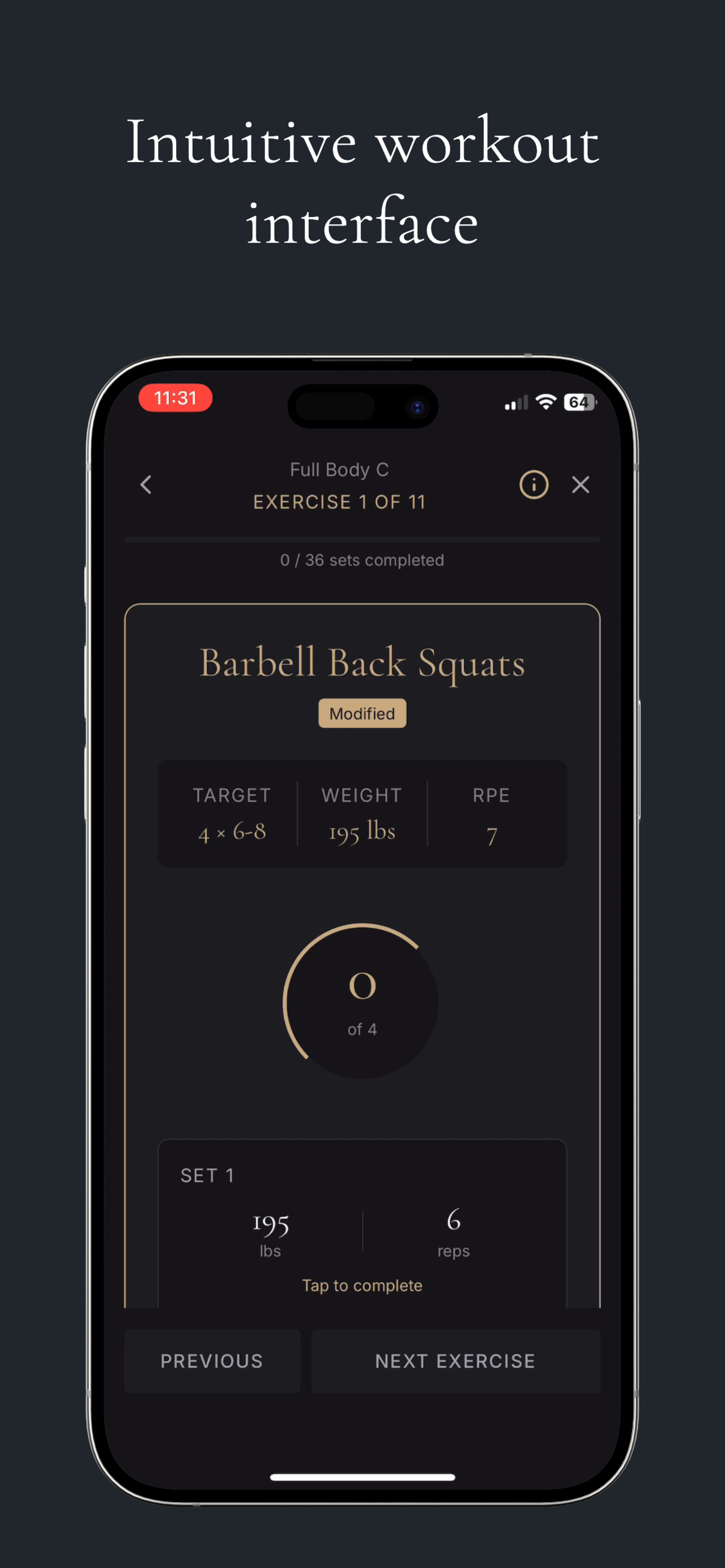 Intuitive workout interface for tracking sets and reps