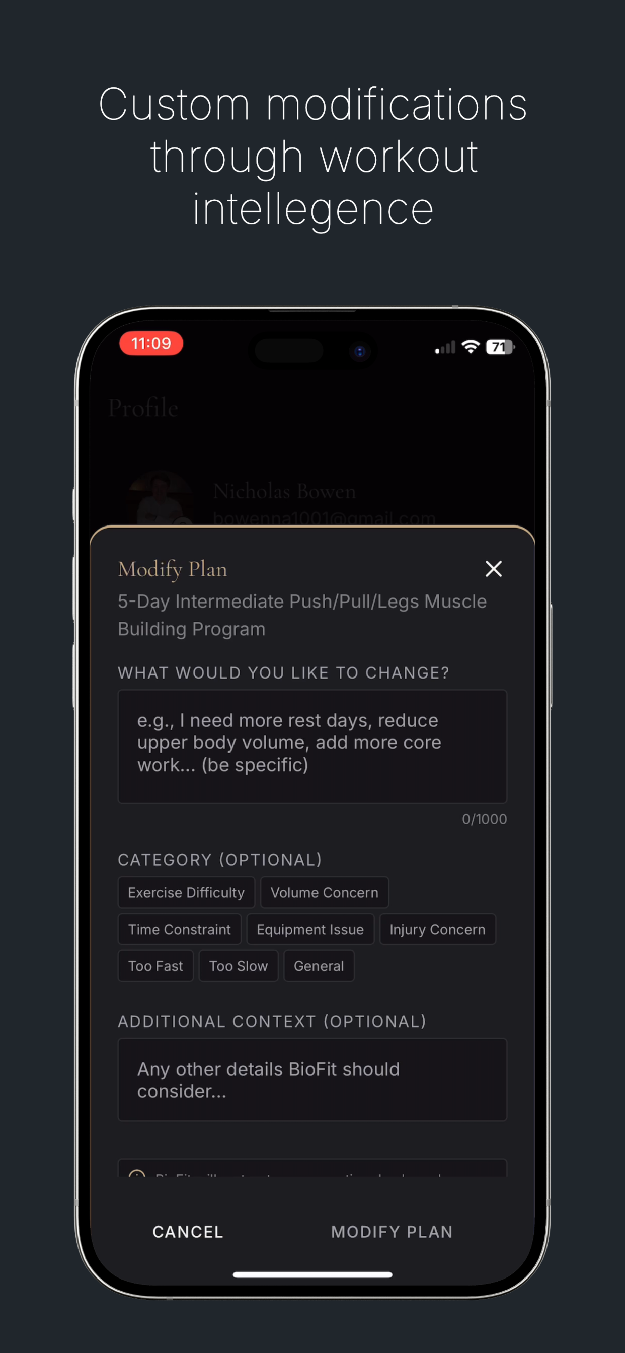 Custom plan modifications through workout intelligence